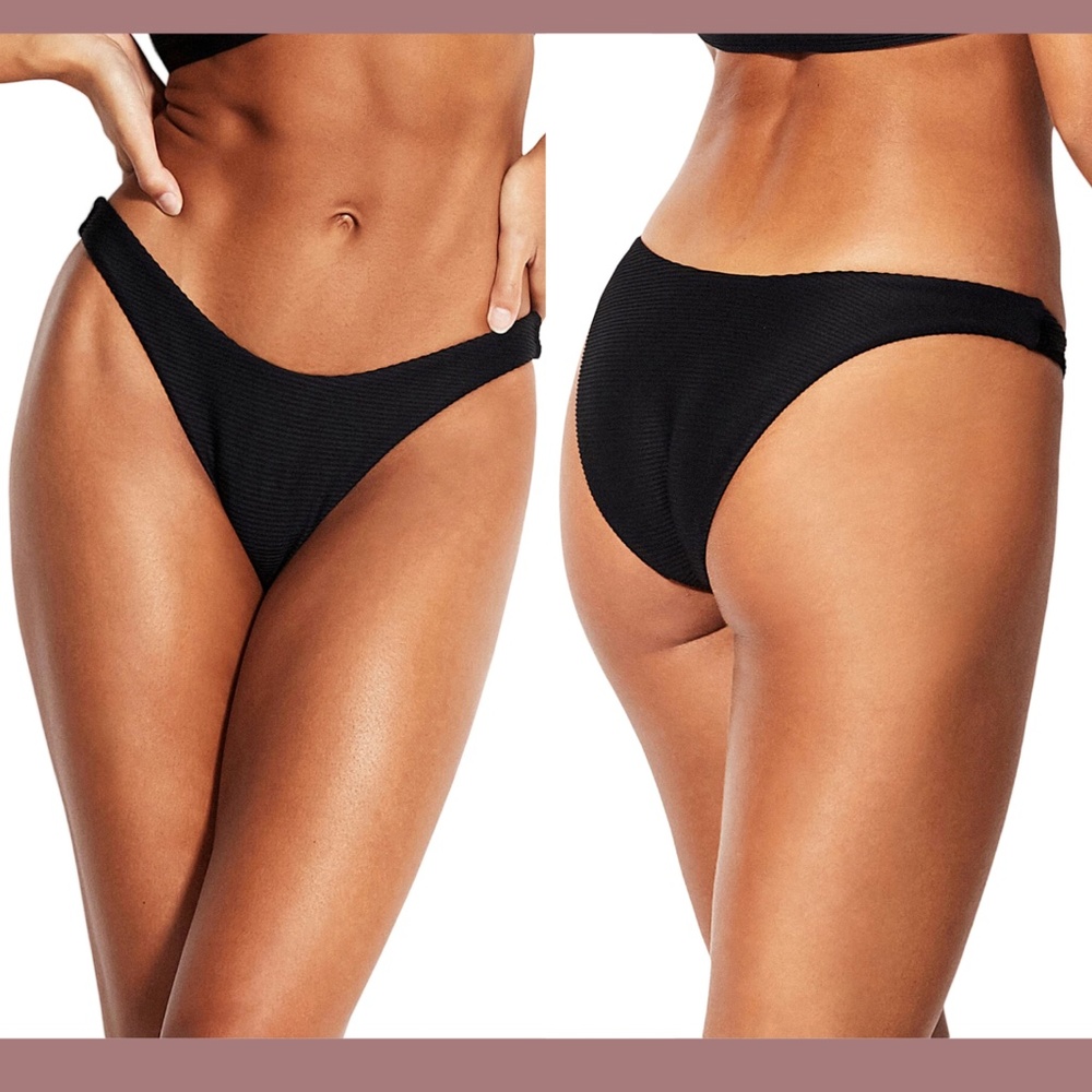 NEW $44 Seafolly Ribbed High Cut Bikini Bottom‎ in Black [SZ 2 US ]